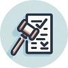 Icon showing a gavel in front of a document with checkmarks.