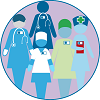 Illustrated group of five health workers standing together, including figures wearing medical scrubs, a stethoscope, and a nursing cap with a cross symbol, shown inside a circular frame.